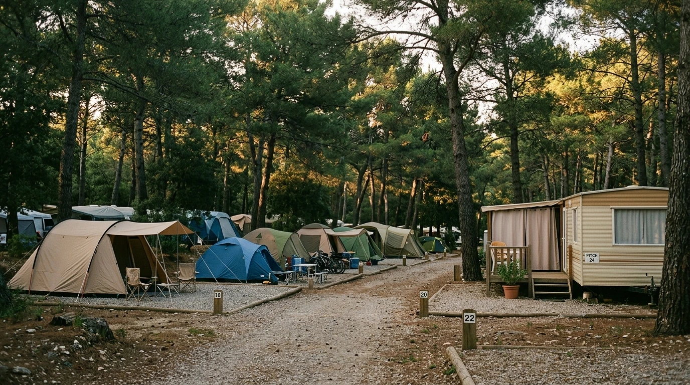Emplacements de camping ombragés en fin de journée dans le sud de la France