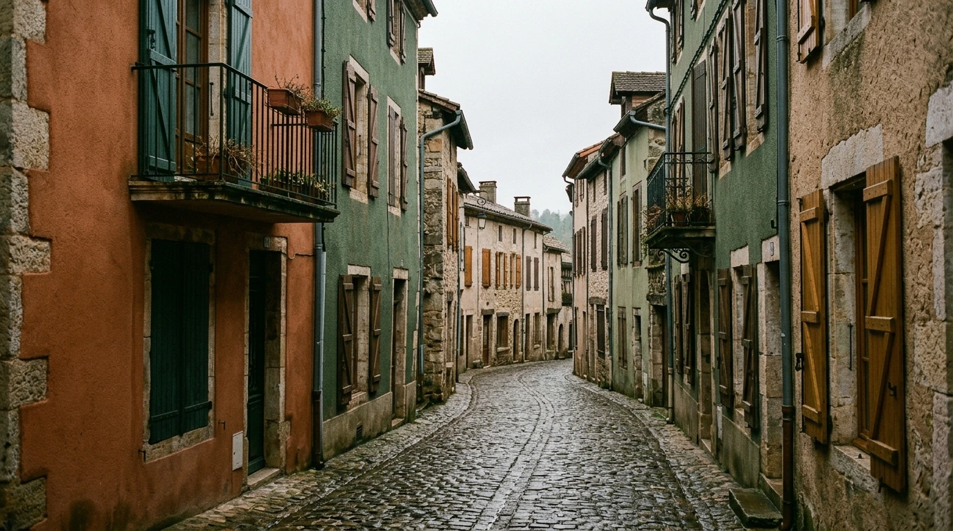 Village français hors saison, rues calmes en début de matinée
