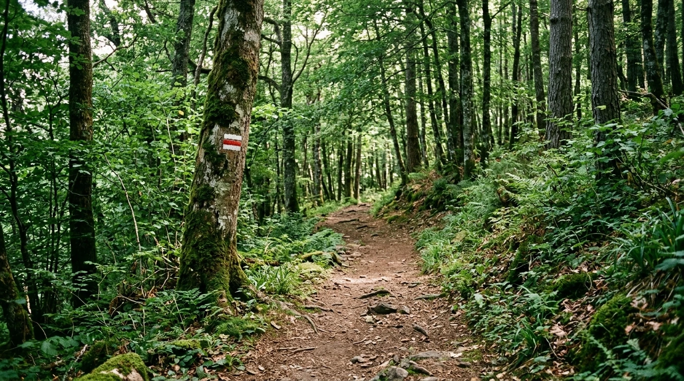 Sentier balisé en sous-bois, dénivelé modéré