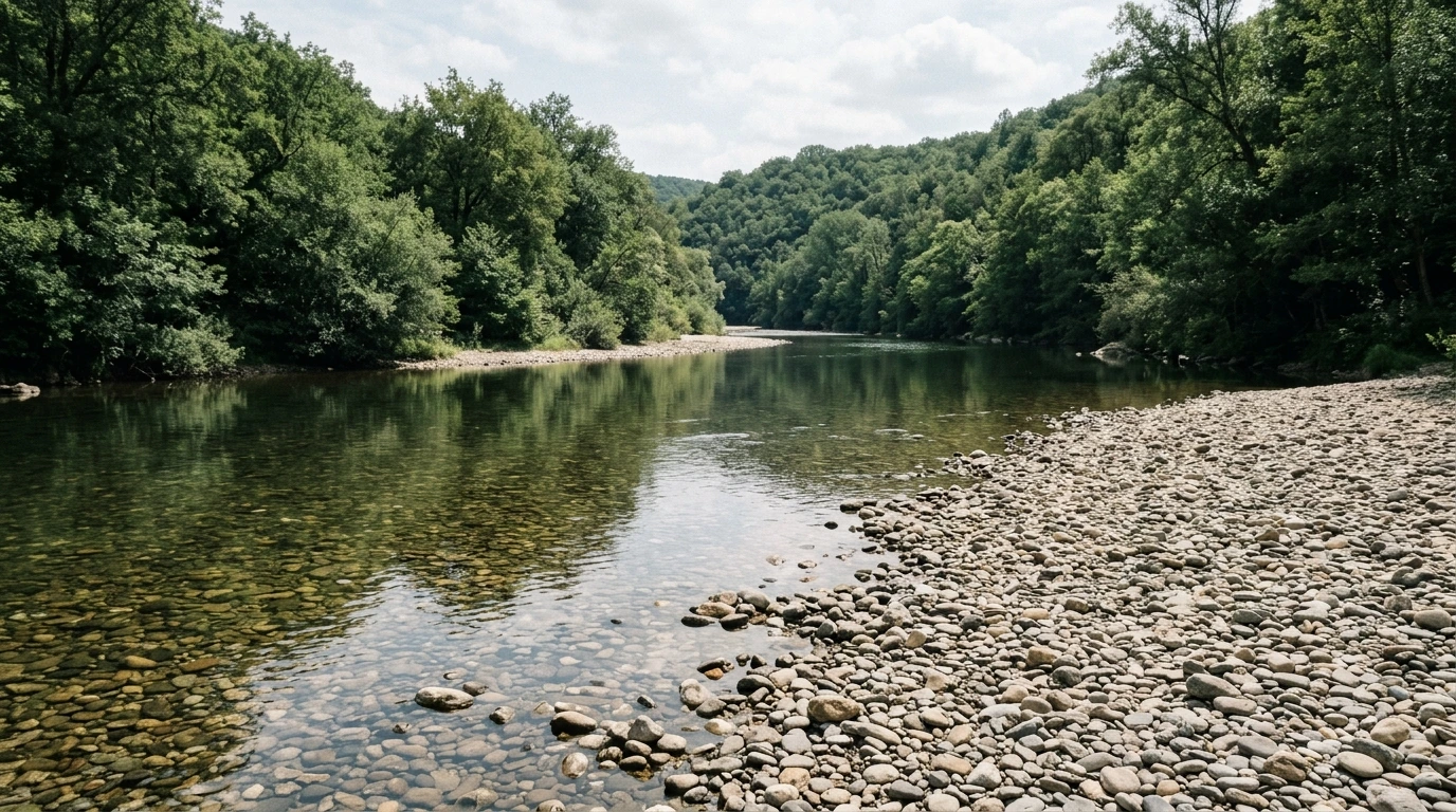 Rivière de baignade en été, berge de galets