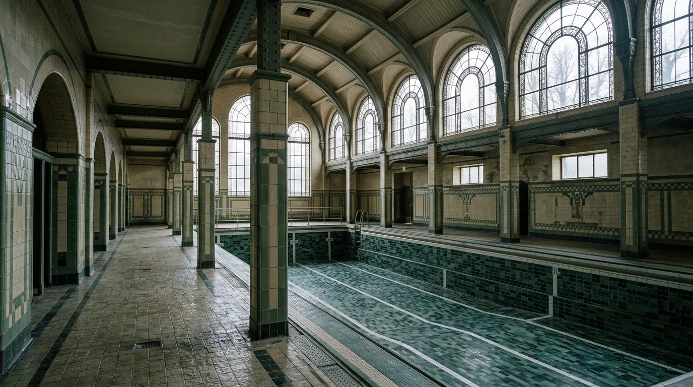 Bassin intérieur d'un établissement thermal, vue d'ensemble