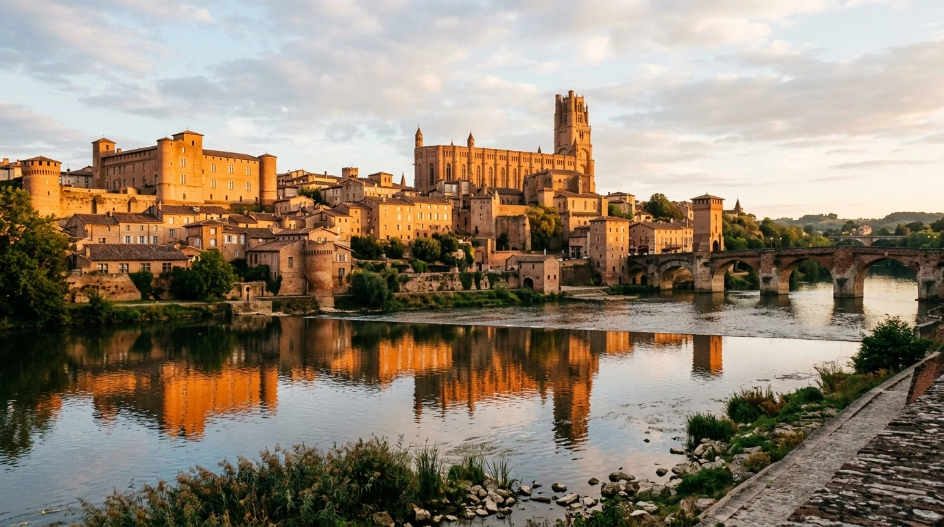 Albi et les rives du Tarn depuis le pont, briques rouges de la cité épiscopale
