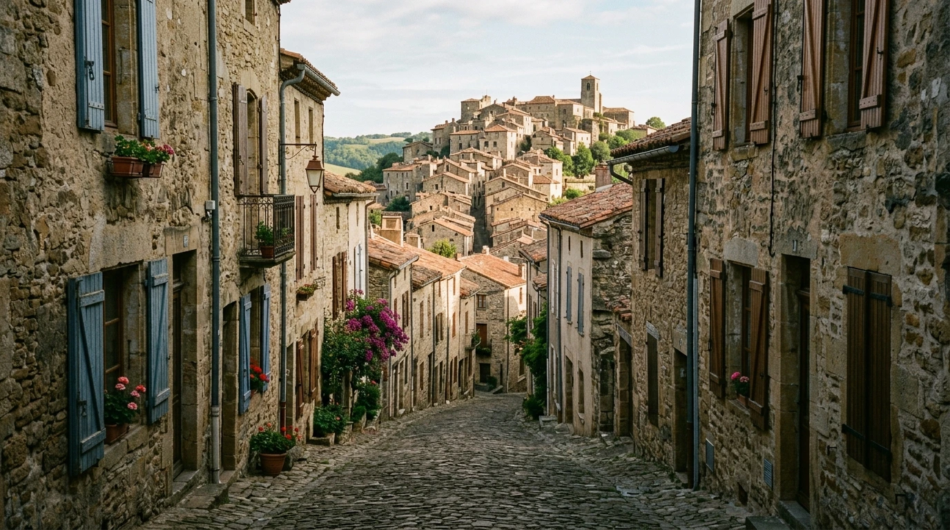 Ruelle pavée montant vers un village perché du Tarn