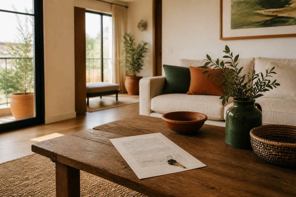 Appartement de vacances lumineux avec clés et contrat de location sur la table