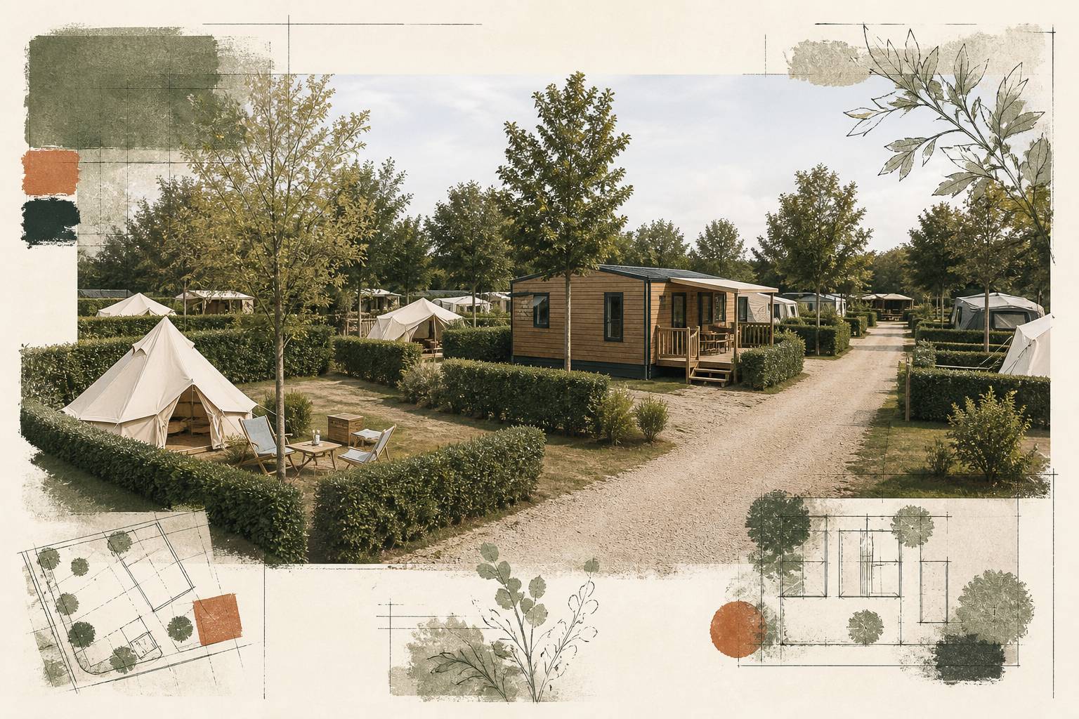 Parc de camping paysager avec emplacements délimités et mobil-homes en bois
