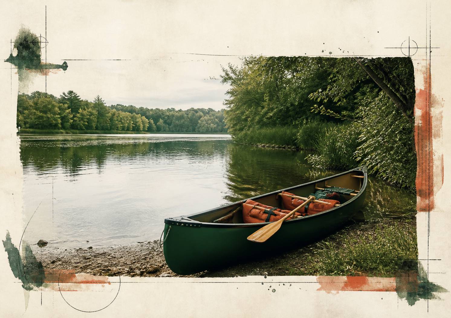 Gilets de sauvetage et pagaies alignés dans un canoë sur une rivière
