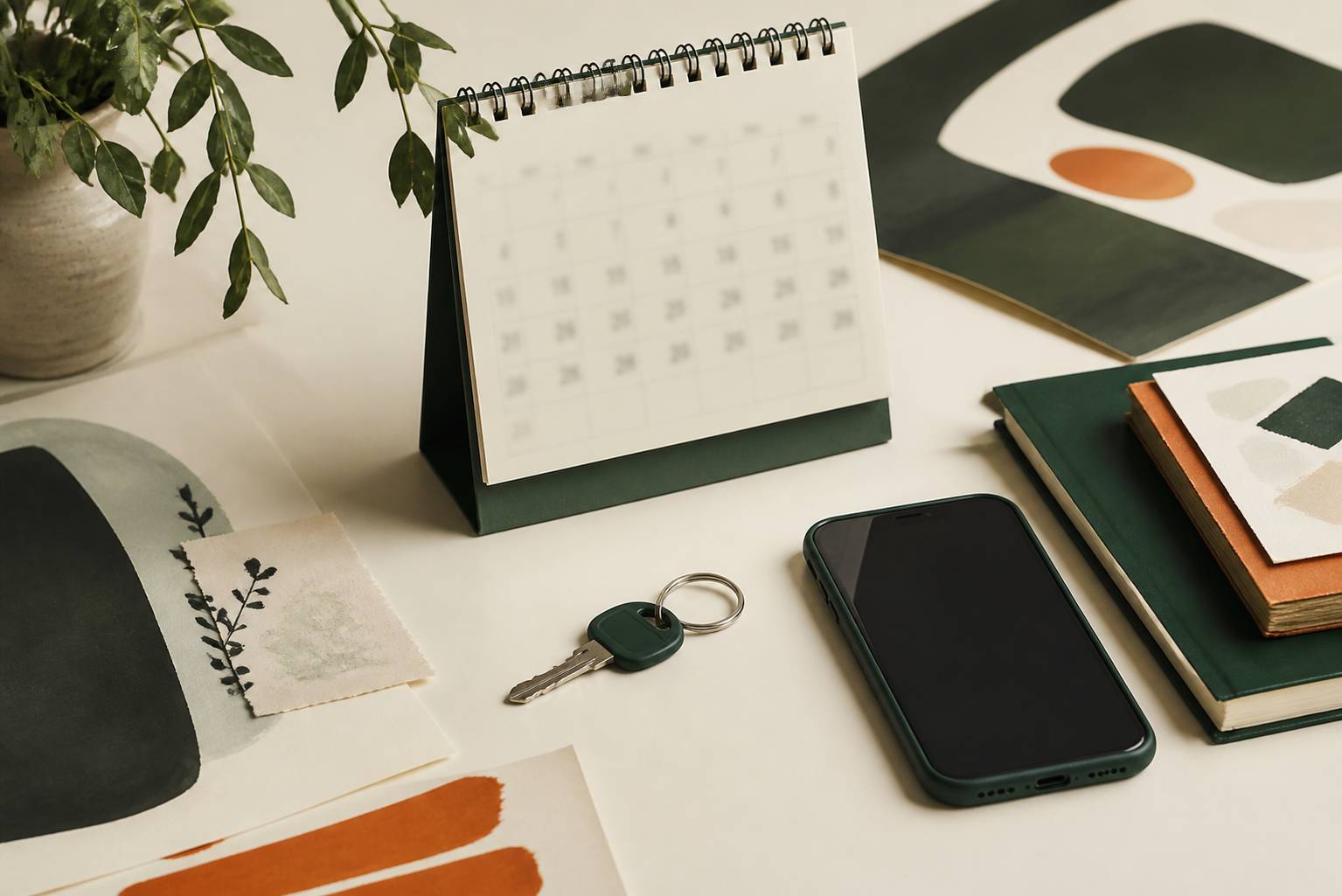 Table de préparation de voyage avec calendrier, clés et réservation d'hébergement