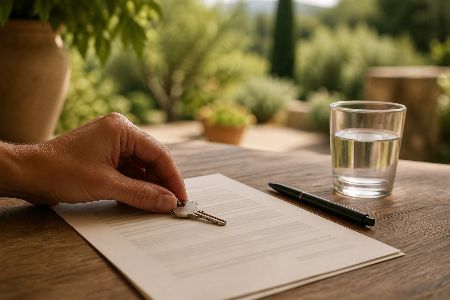 Main déposant une clé sur un contrat de location aux lignes floutées