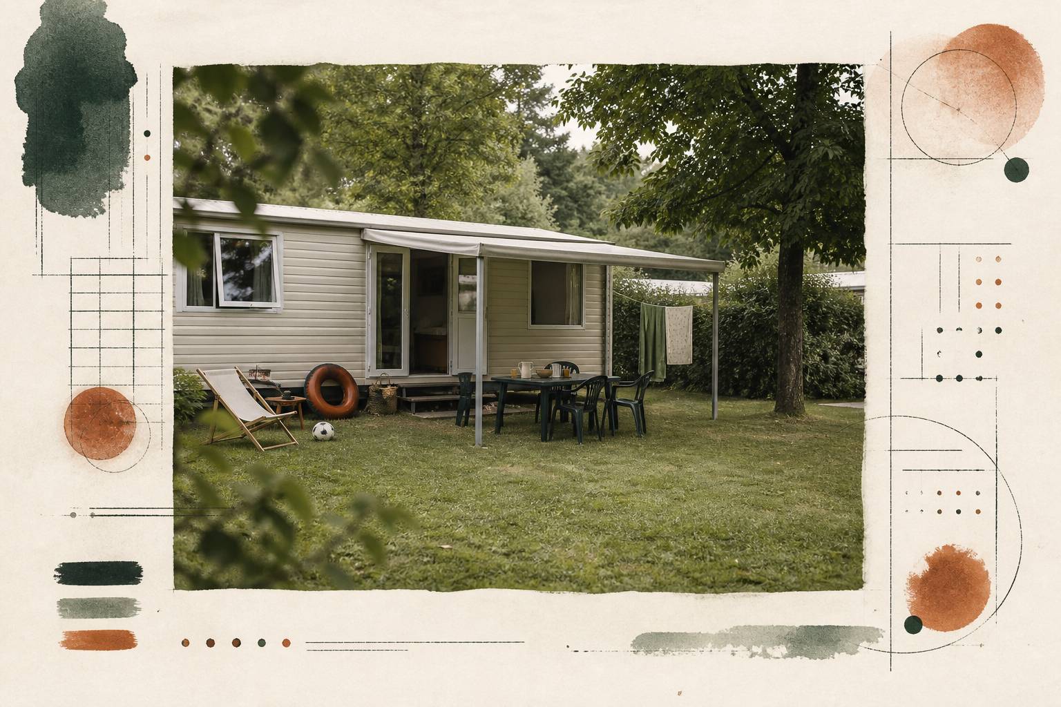 Emplacement de camping ombragé avec un mobil-home et une table de jardin