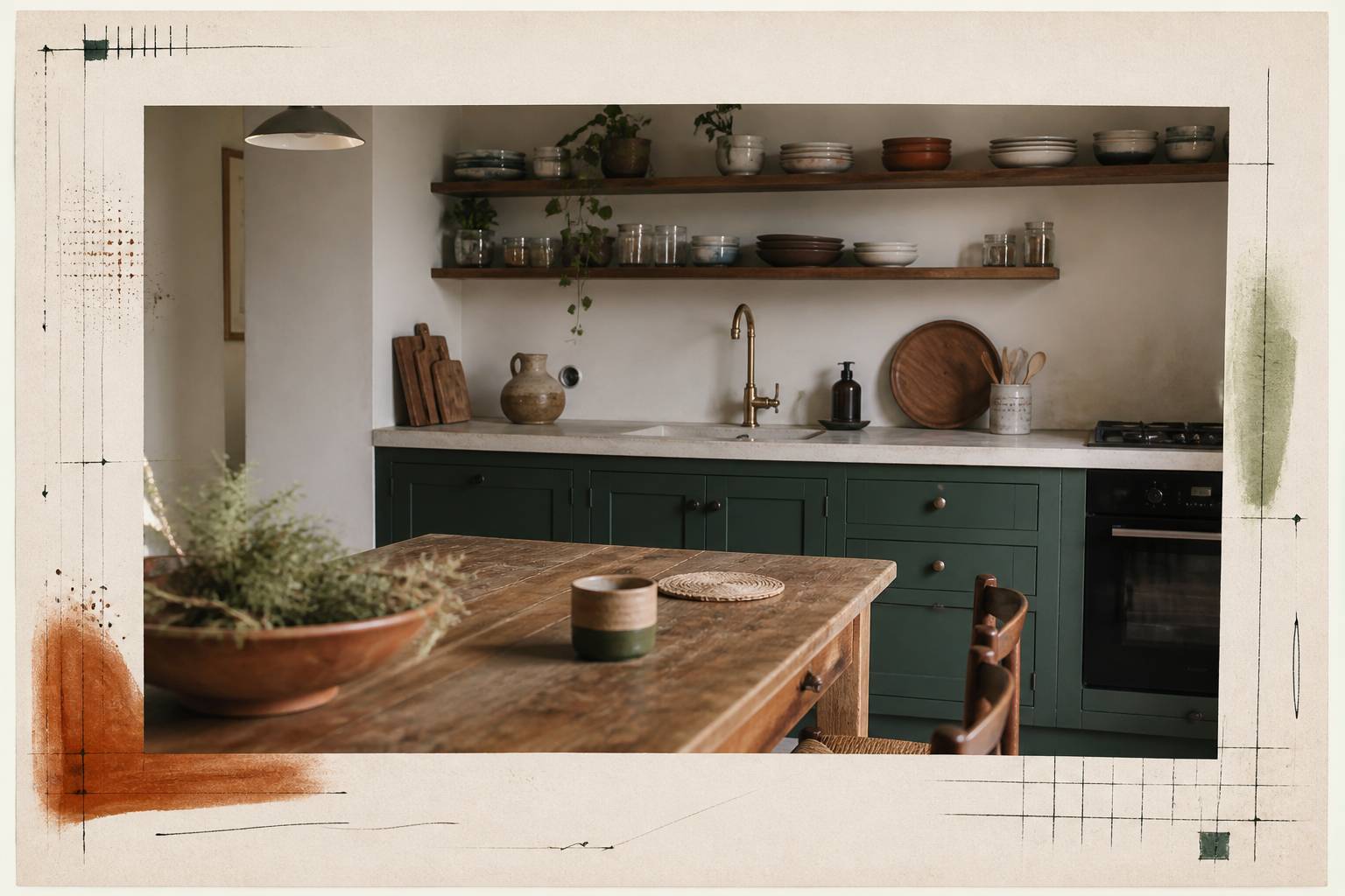 Cuisine équipée de gîte avec table en bois et vaisselle rangée