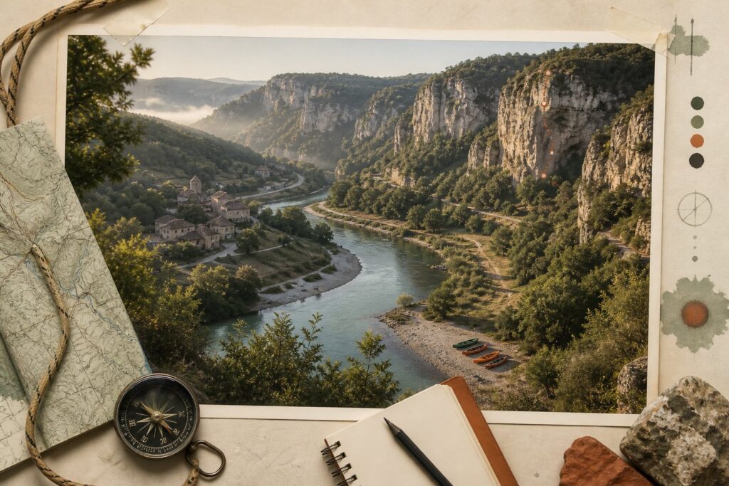Gorges du Tarn vues depuis les hauteurs, rivière turquoise entre falaises et végétation