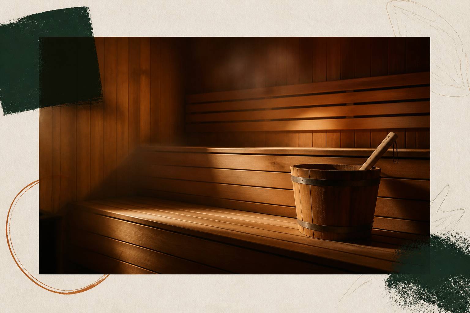 Sauna en bois avec des louches et un seau d'eau