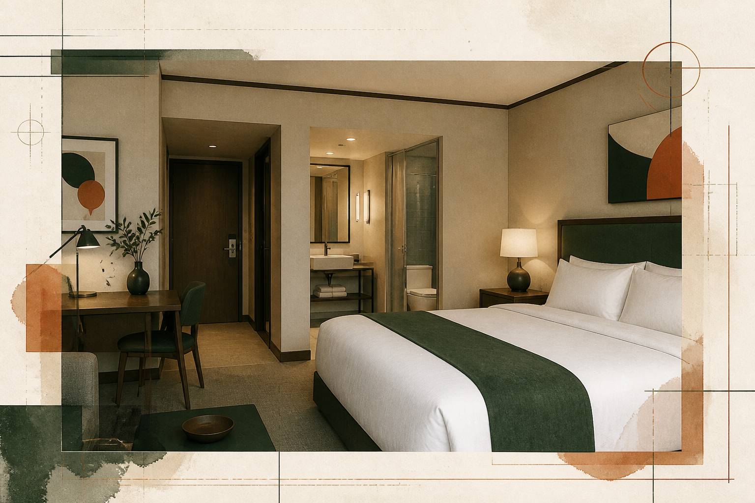 Chambre d'hôtel standard propre et fonctionnelle avec lit fait, bureau et salle de bain visible
