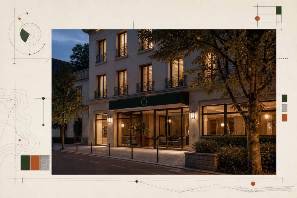Façade d'hôtel indépendant avec enseigne sobre et réception lumineuse aux fenêtres éclairées