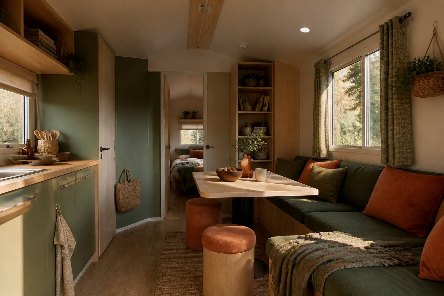 Intérieur compact d'un mobil-home avec coin cuisine et banquette