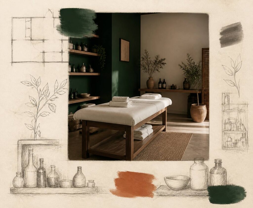 Table de massage avec serviettes blanches et flacons d'huiles dans un institut calme
