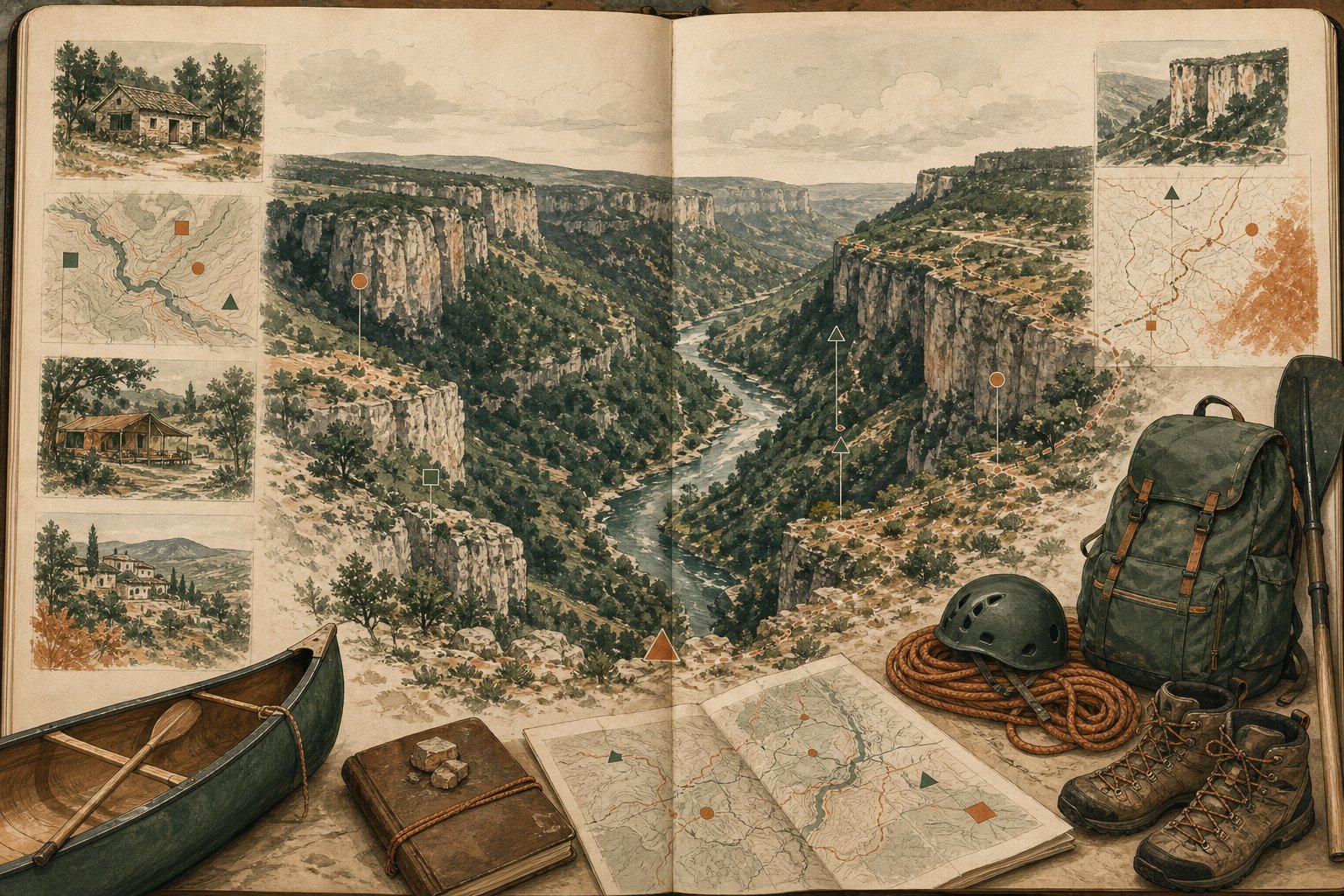 Hameau de pierre au bord de la rivière dans les Gorges du Tarn, sentier de randonnée au premier plan