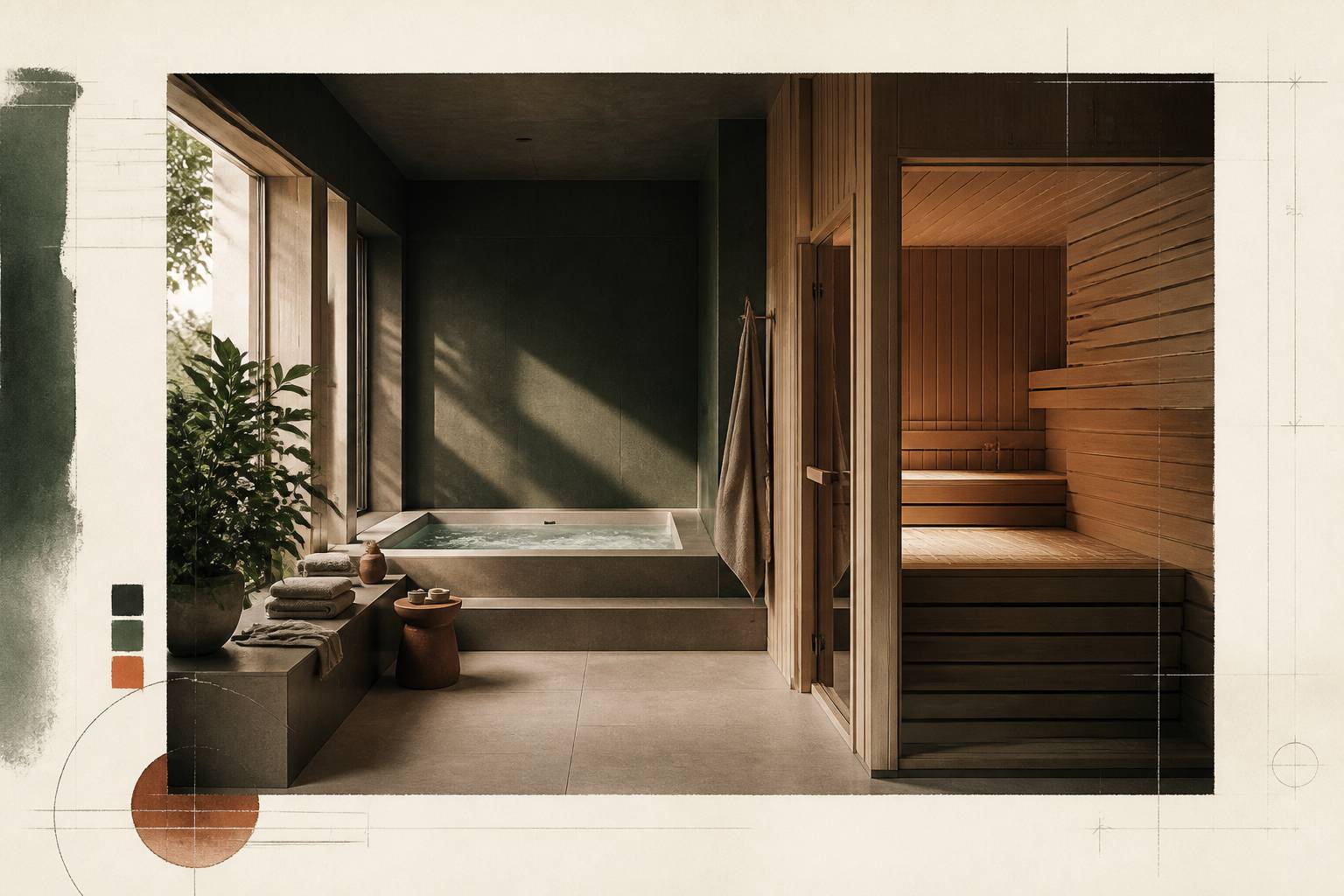Sauna en bois et bain à remous dans un espace spa clair