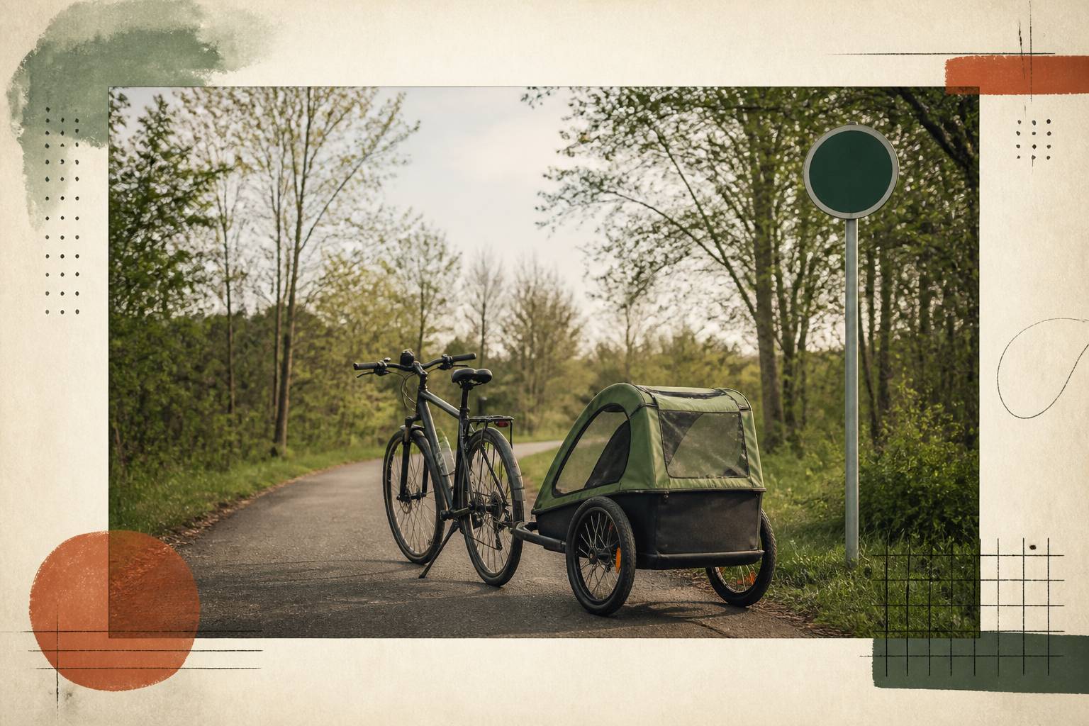 Piste cyclable lisse bordée d'arbres avec un vélo et une remorque enfants à l'arrêt