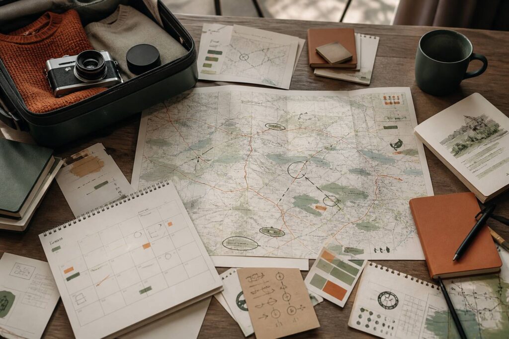 Planification d'un week-end prolongé avec carte, calendrier et valise ouverte