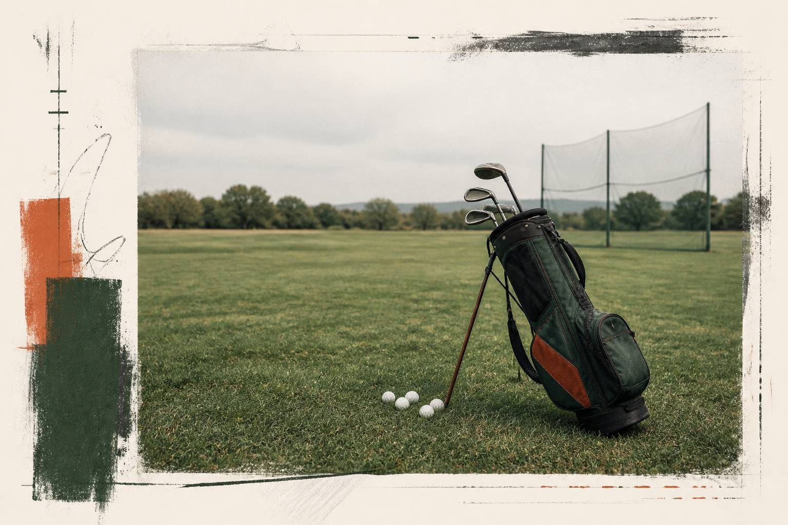 Sac de golf léger avec clubs posé près d'un practice au gazon tondu