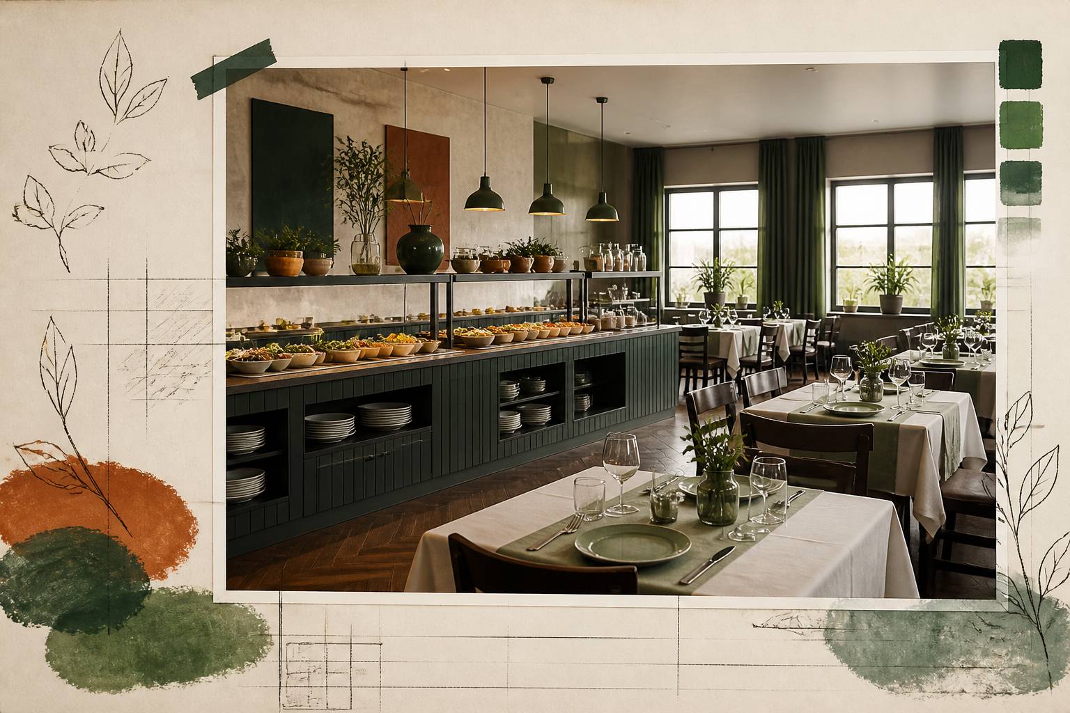 Salle de restaurant de village vacances avec un buffet et des tables dressées