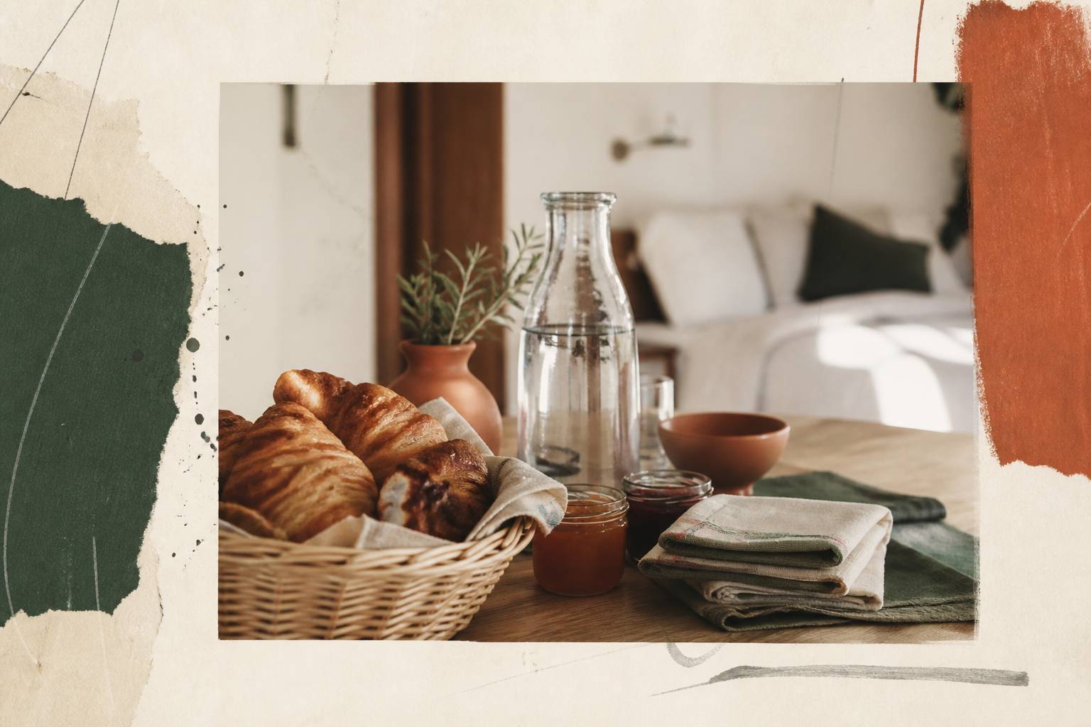 Table de petit-déjeuner avec confitures et linge plié