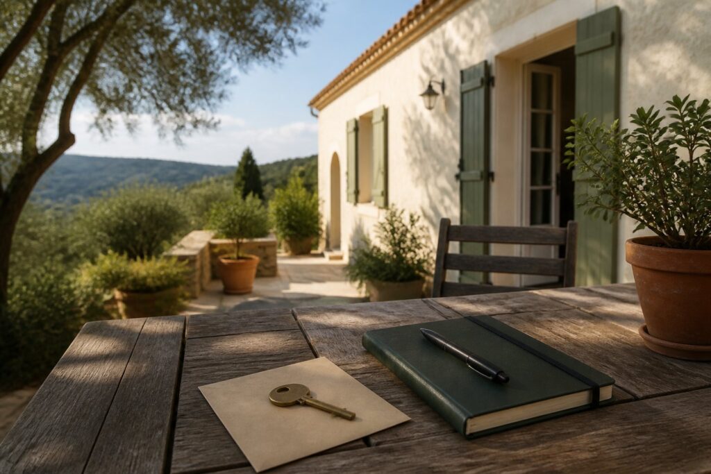 Villa de location claire avec terrasse en bois et clé posée sur une table