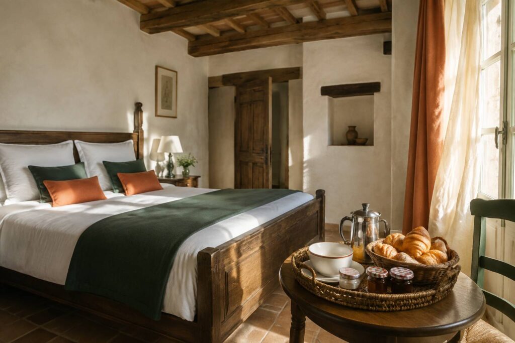 Chambre d'hôtes claire au lit en bois blanc avec plateau de petit-déjeuner complet près de la fenêtre