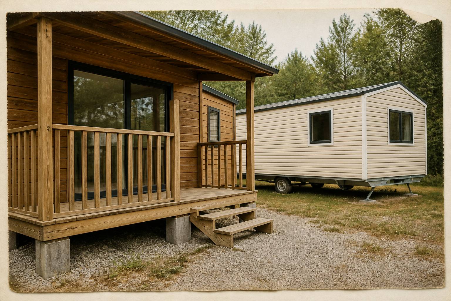 Bungalow sur fondations fixes comparé à un mobil-home en arrière-plan