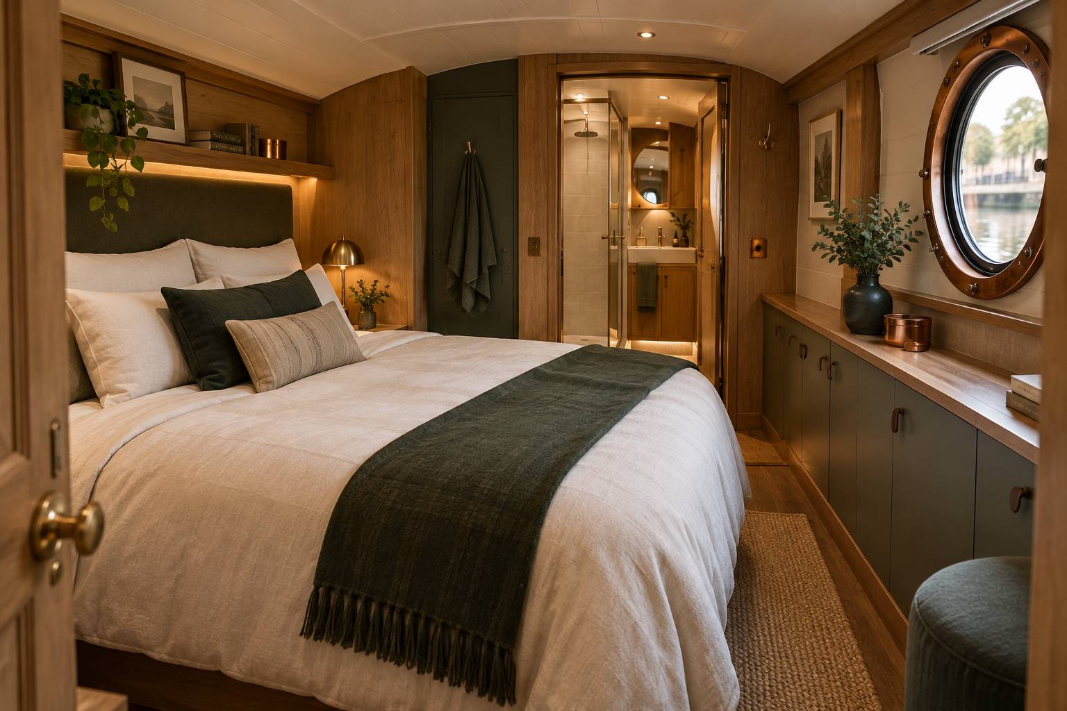 Cabine compacte de péniche-hôtel avec lit, hublot et boiseries claires