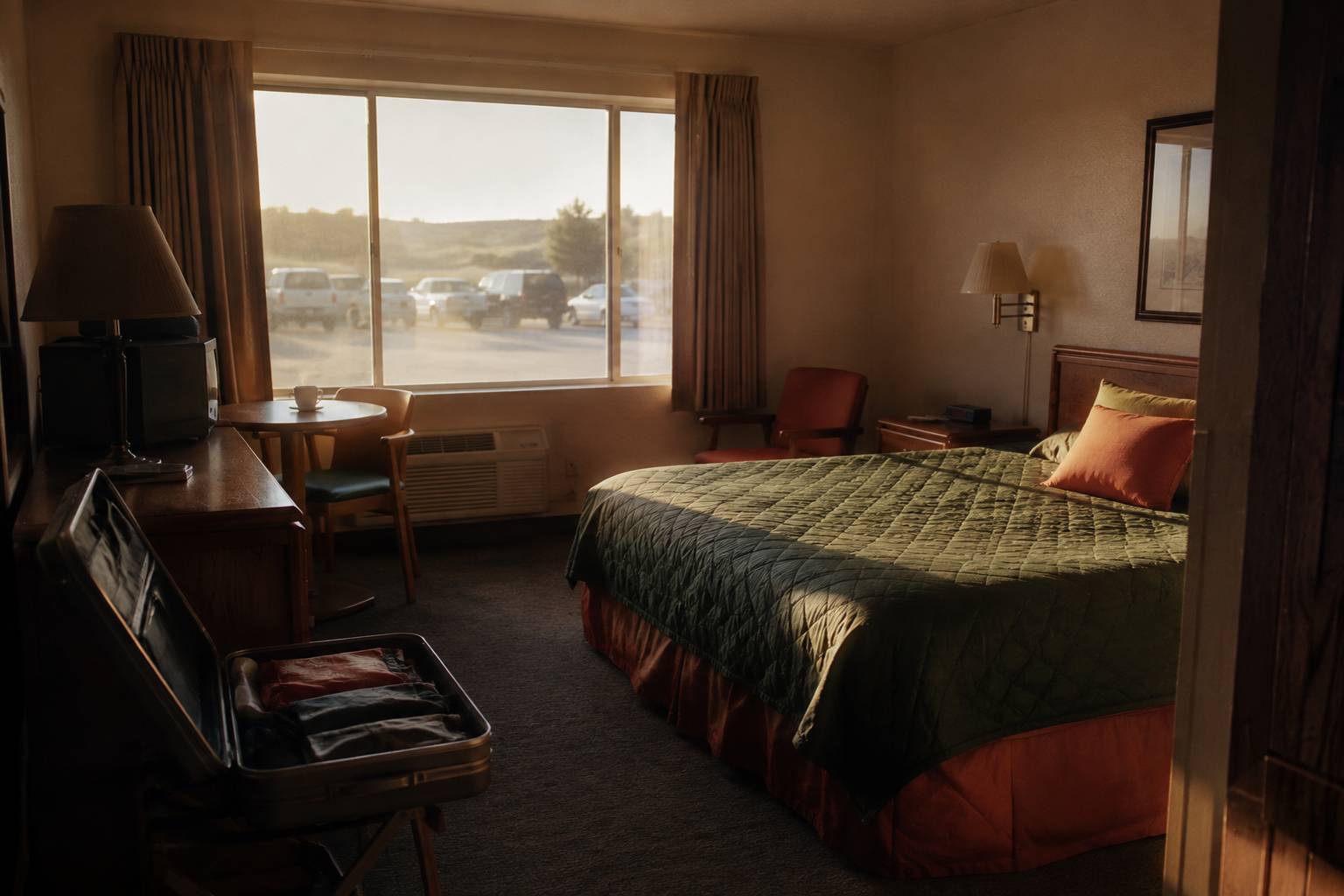 Chambre de motel rétro avec valise ouverte près du lit