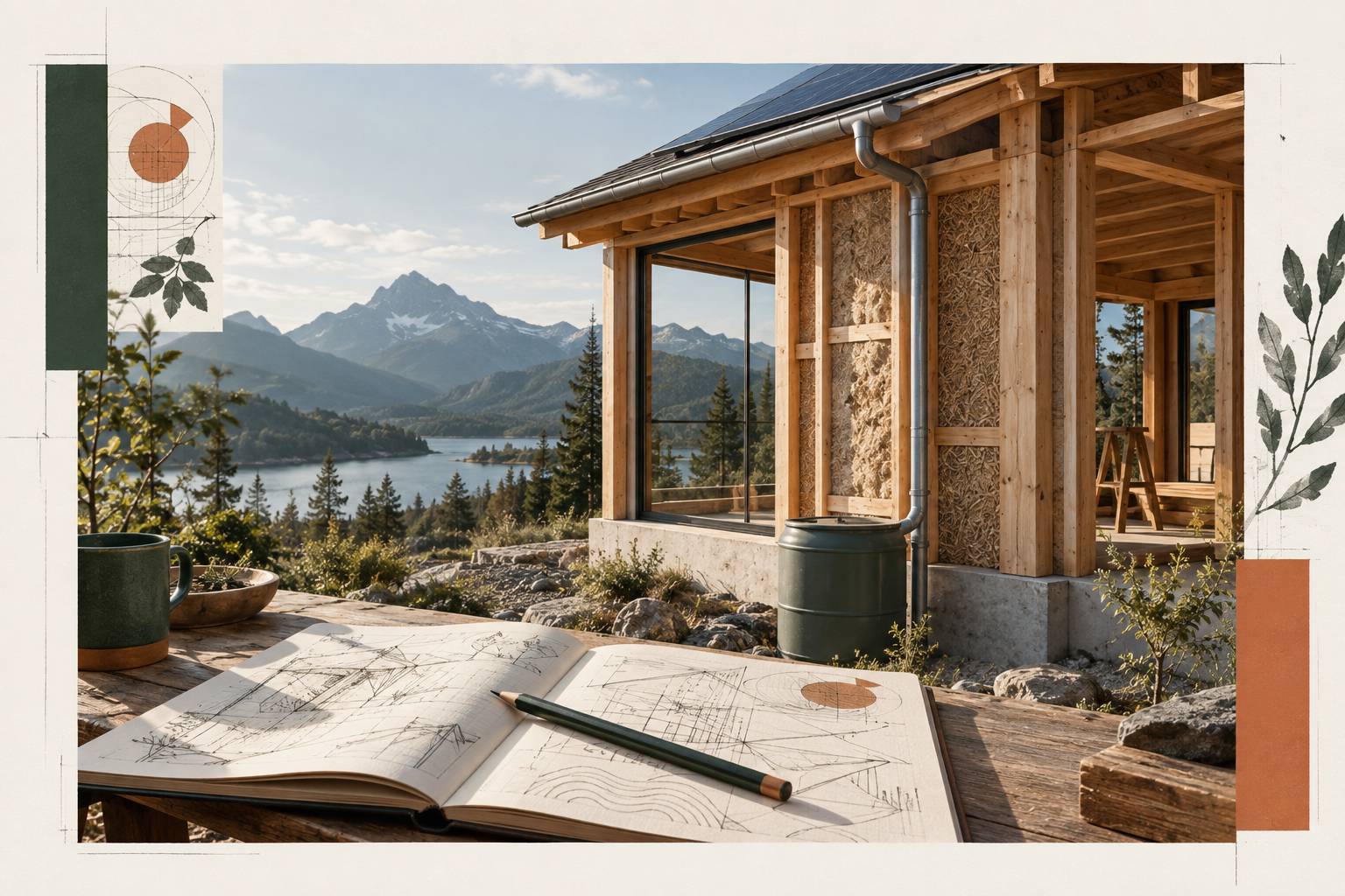 Détail de la construction bois et d'un panneau solaire d'éco-lodge