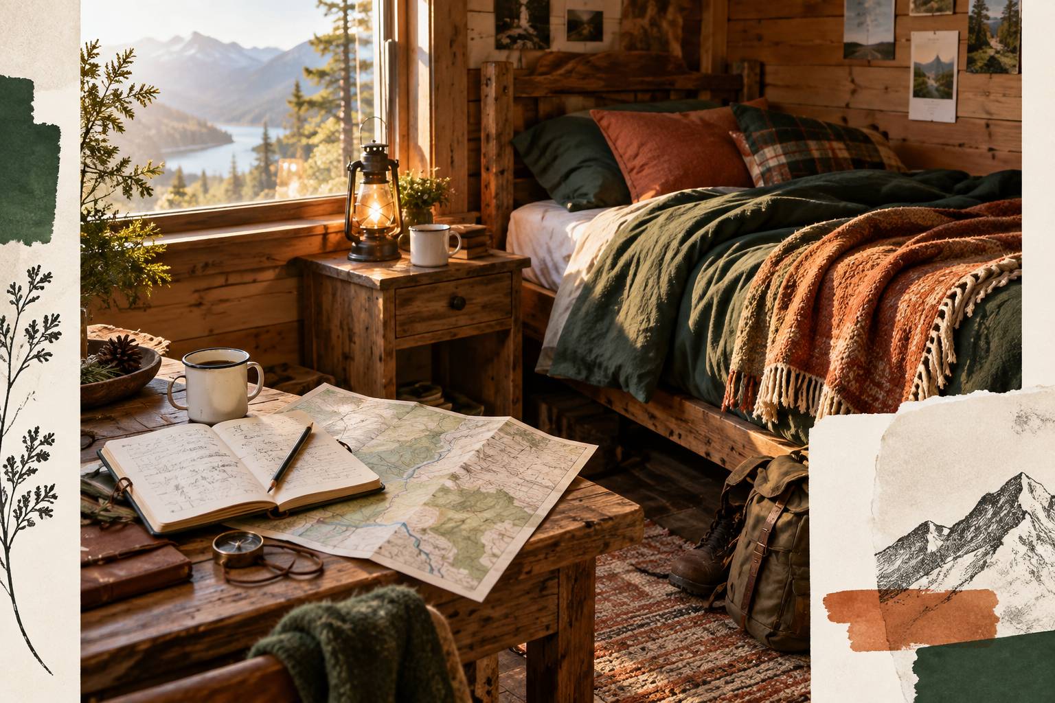 Intérieur d'un lodge en bois avec carnet et carte de terrain