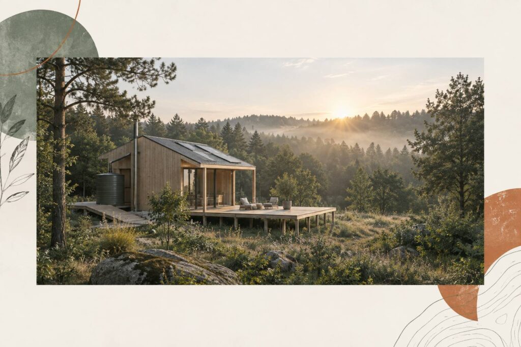 Éco-lodge en bois avec panneaux solaires dans une clairière