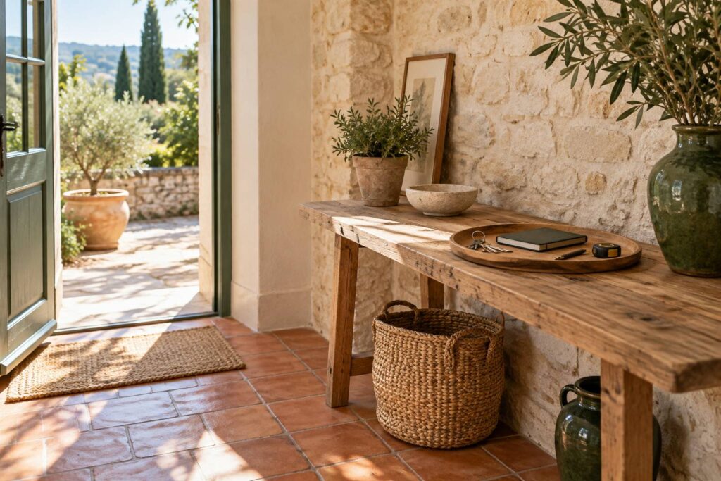 Entrée d'une maison de vacances avec clés, carnet et mètre ruban posés sur une table en bois