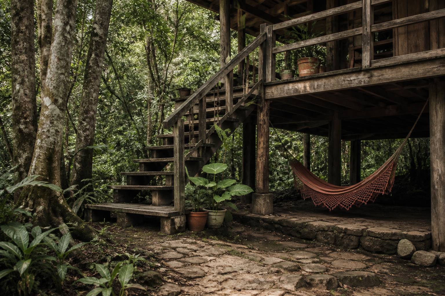 Escalier et plateforme de cabane en bois avec hamac suspendu
