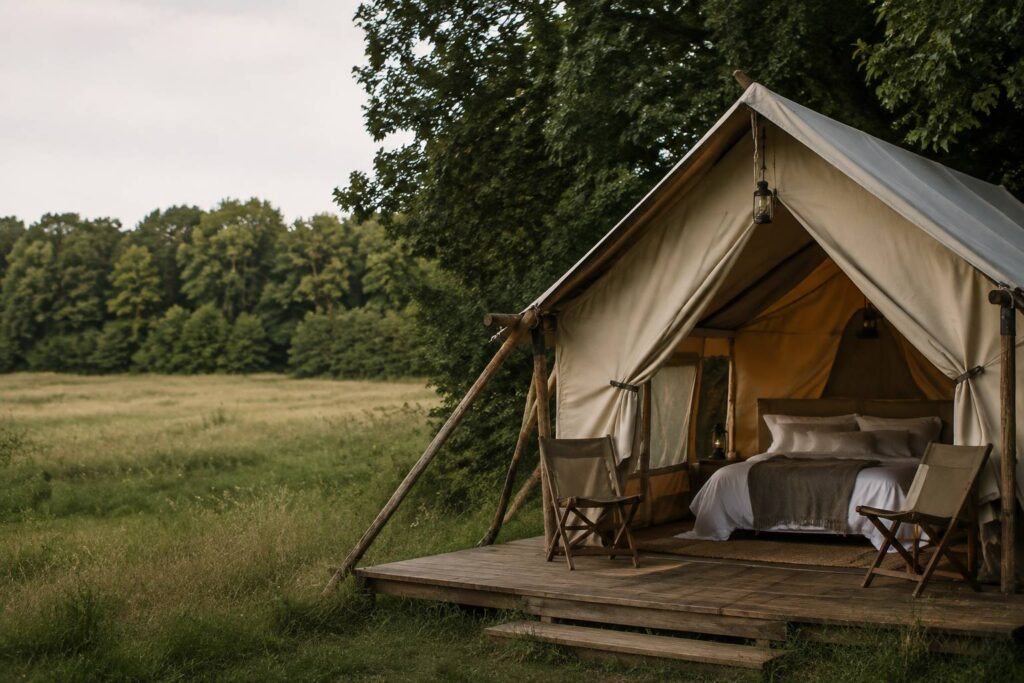Tente lodge de glamping sur plateforme en bois avec lit fait dans un pré