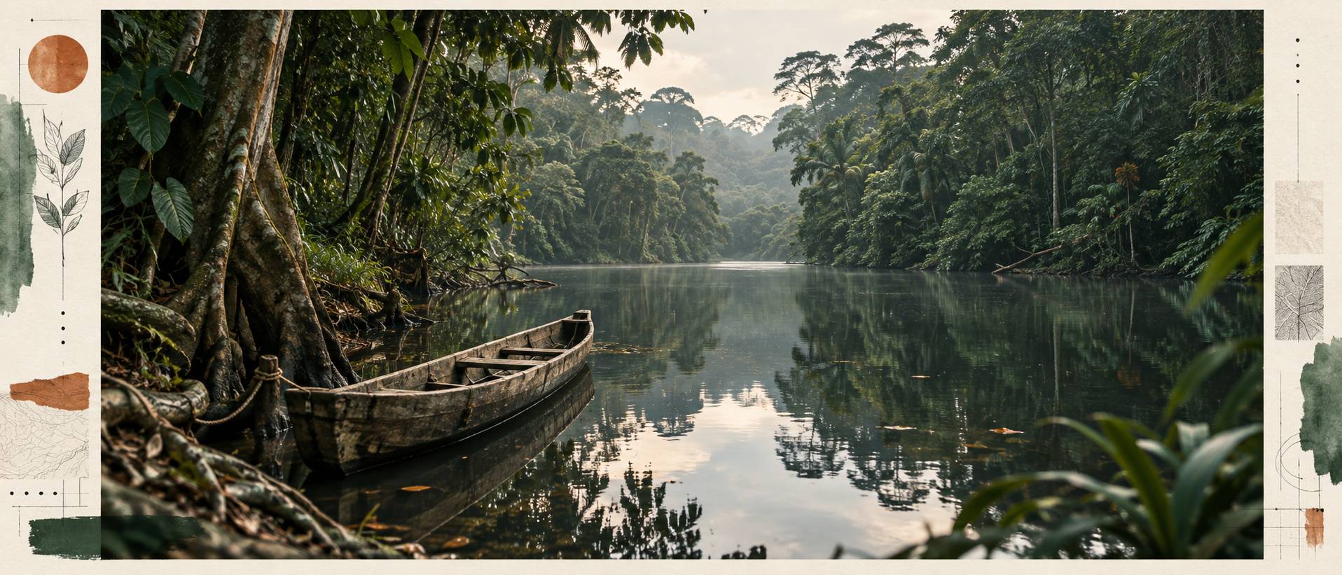 Fleuve tropical sinueux traversant une forêt équatoriale dense vue en plan large