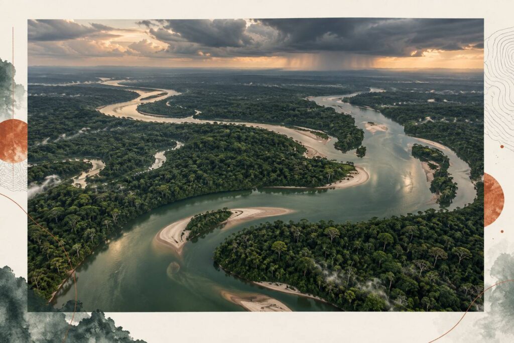 Fleuve tropical sinueux traversant une forêt équatoriale dense vue en plan large