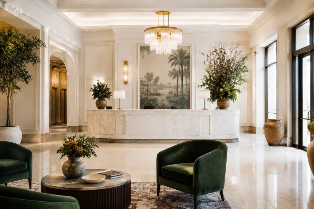Hall d'un grand hôtel avec réception en marbre, lustre discret et fauteuils en velours, sans enseigne