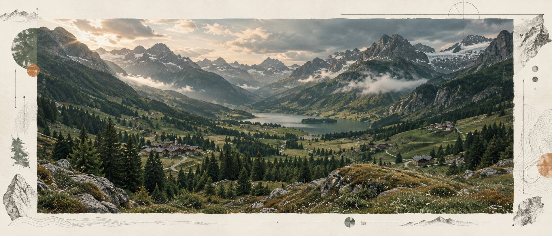 Lac alpin calme avec montagnes et prairies d'altitude au matin