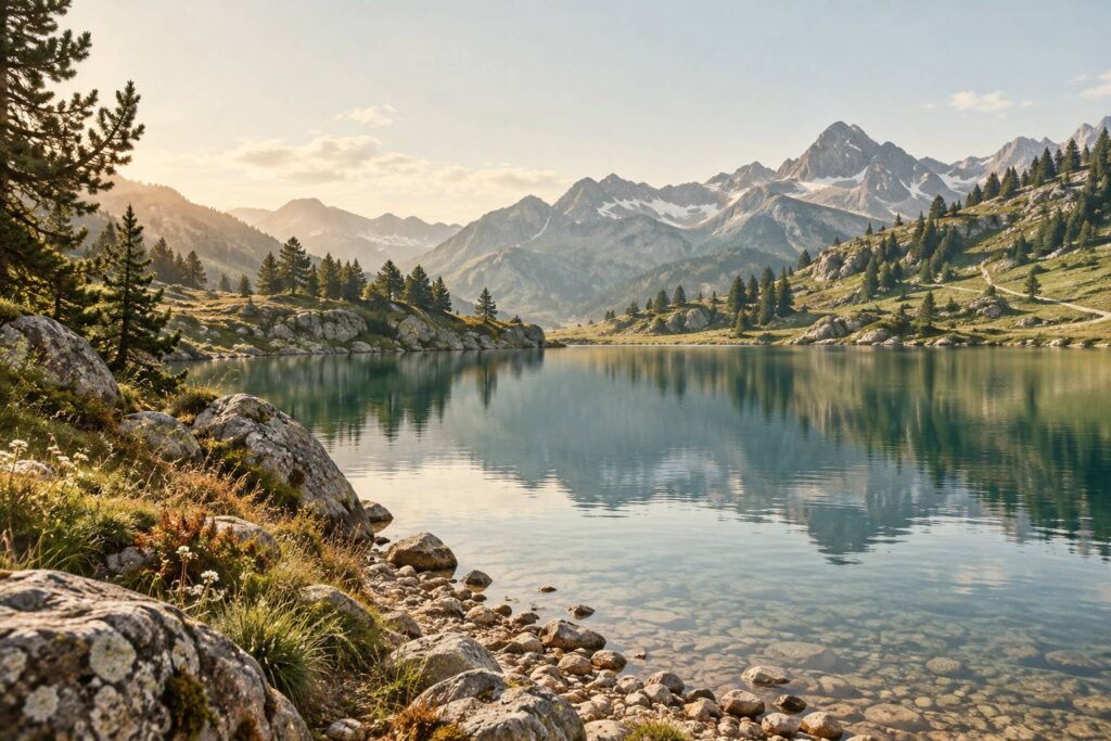 Lac alpin calme avec montagnes et prairies d'altitude au matin