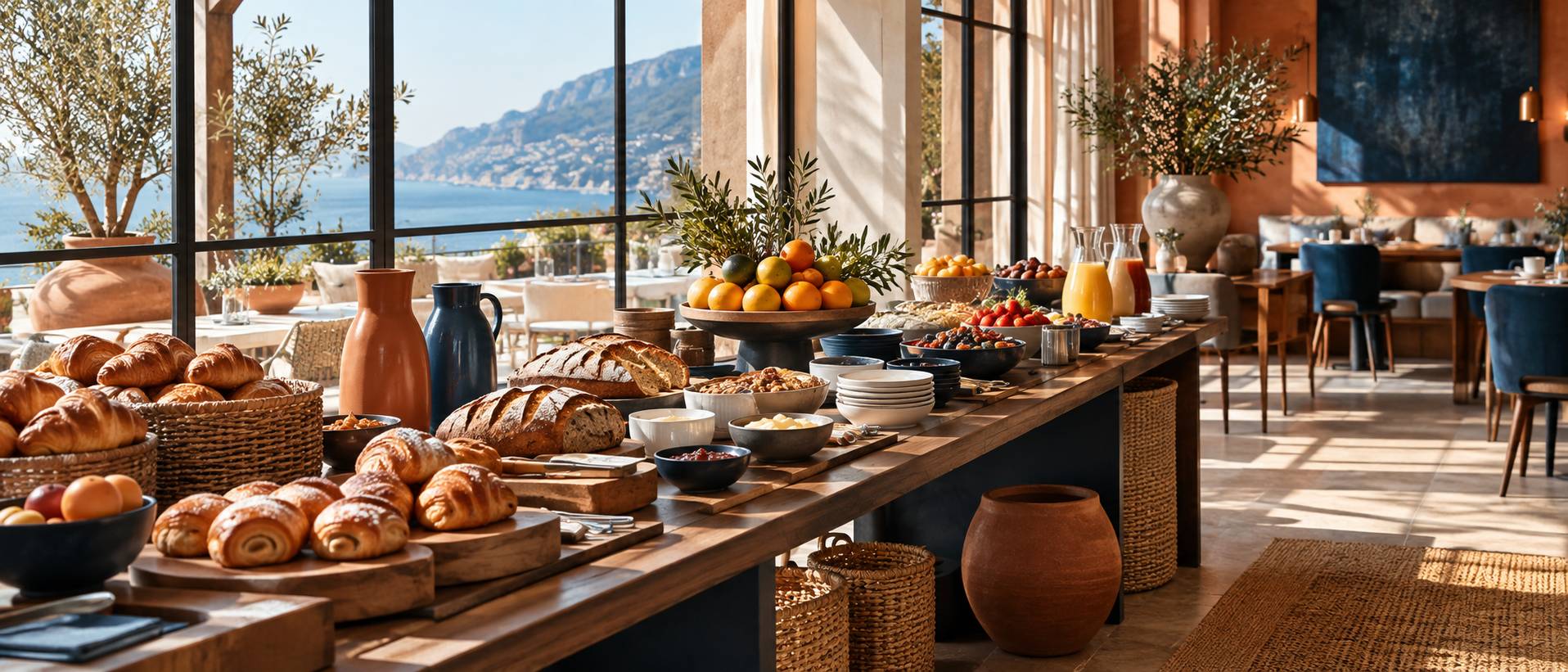 Table de restaurant d'hôtel dressée pour le dîner avec verres et serviettes
