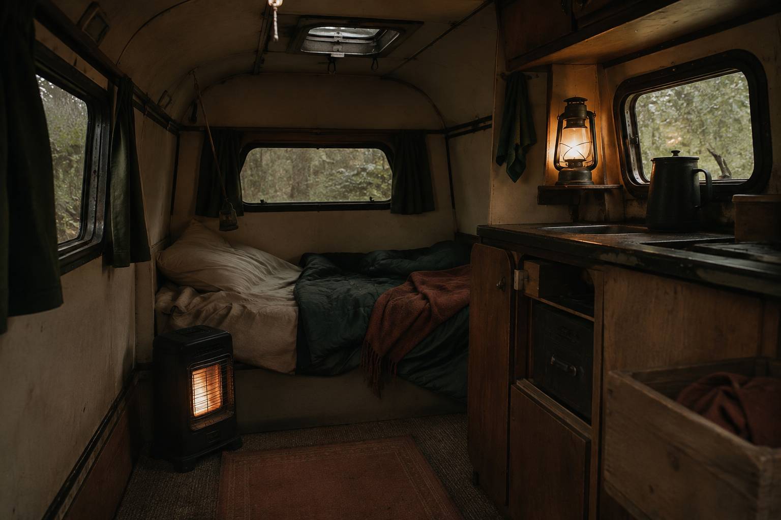 Intérieur de roulotte avec couchage étroit et kitchenette en bois