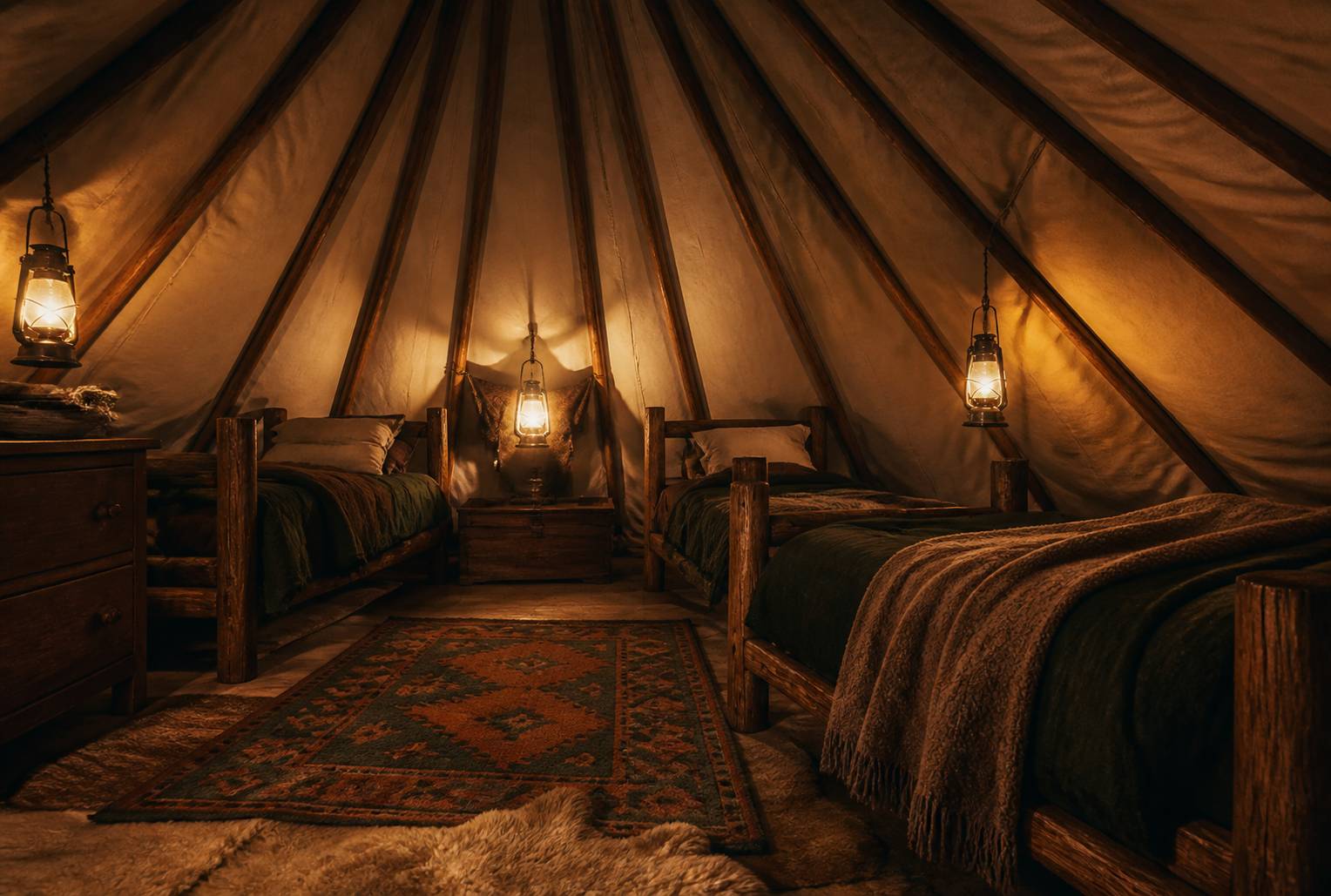 Intérieur de tipi aménagé avec lits en bois et lanternes à la lumière chaude