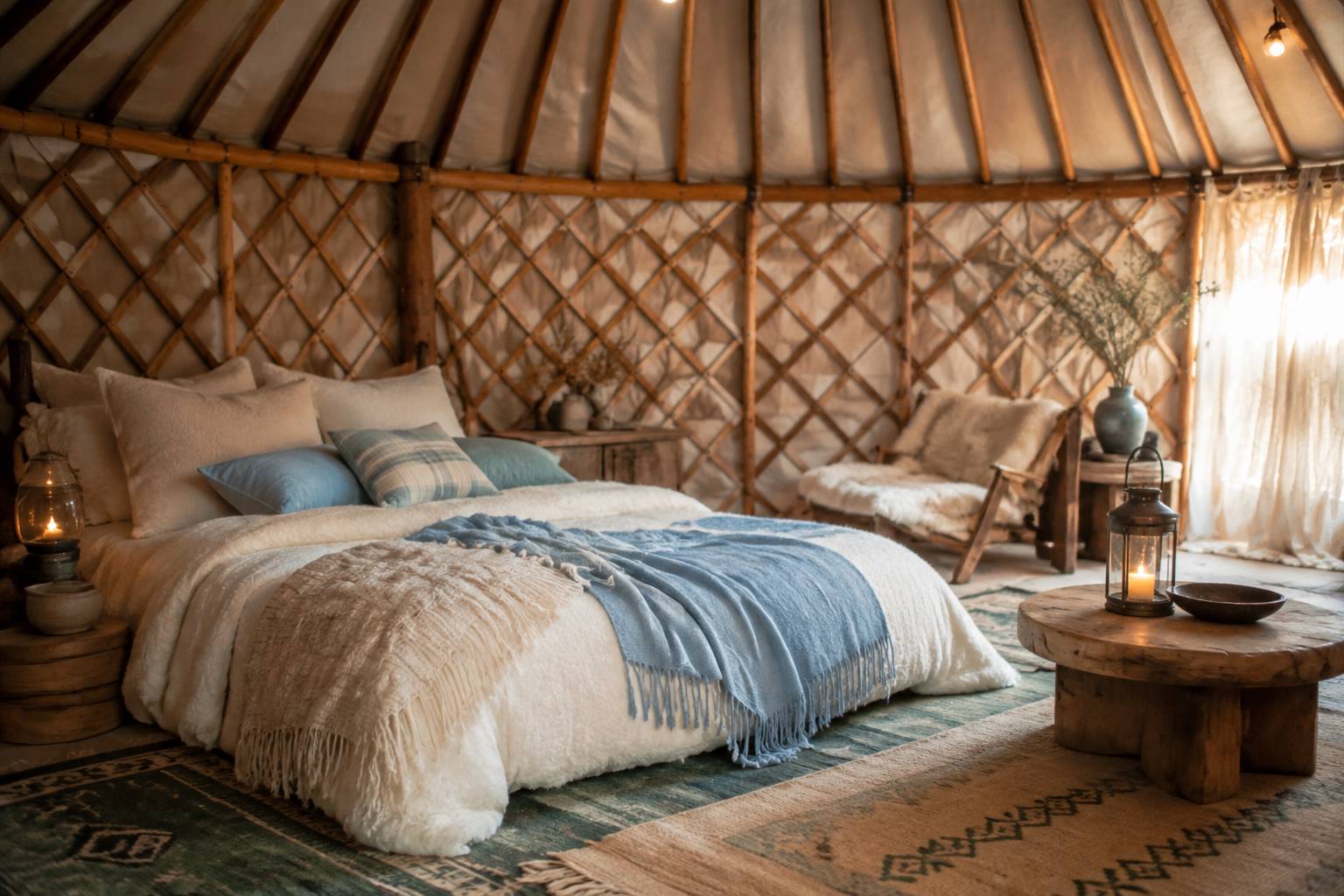 Intérieur douillet de yourte avec lit bas en laine, tapis tissé et lanterne tamisée