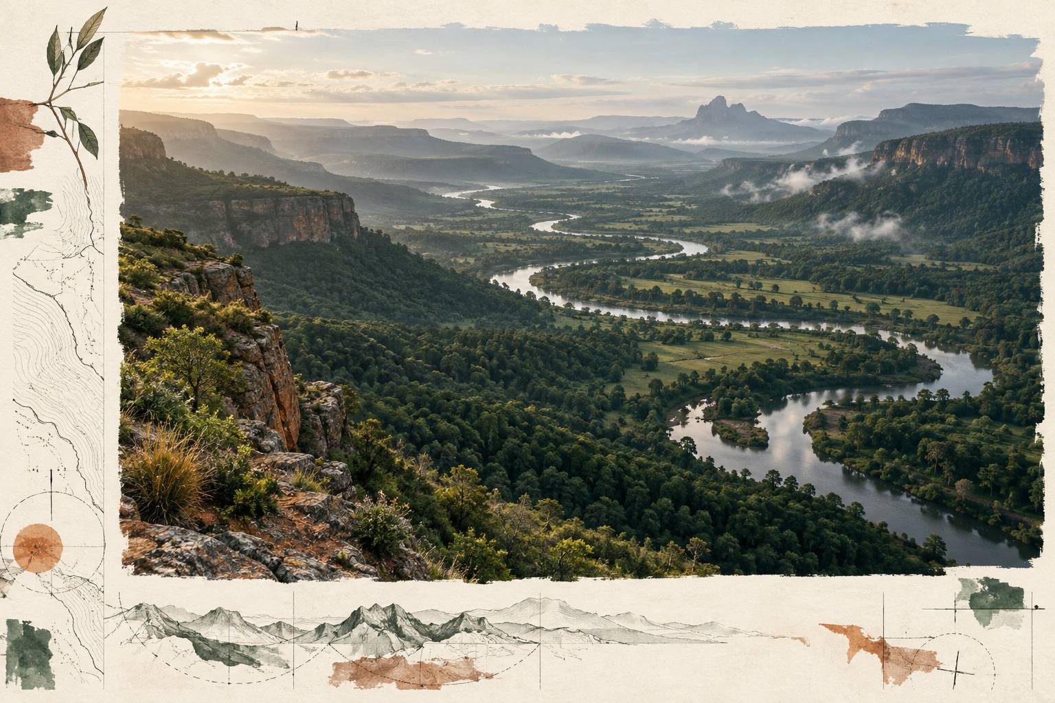 Vallee encaissee avec riviere serpentant entre versants boises et gorges