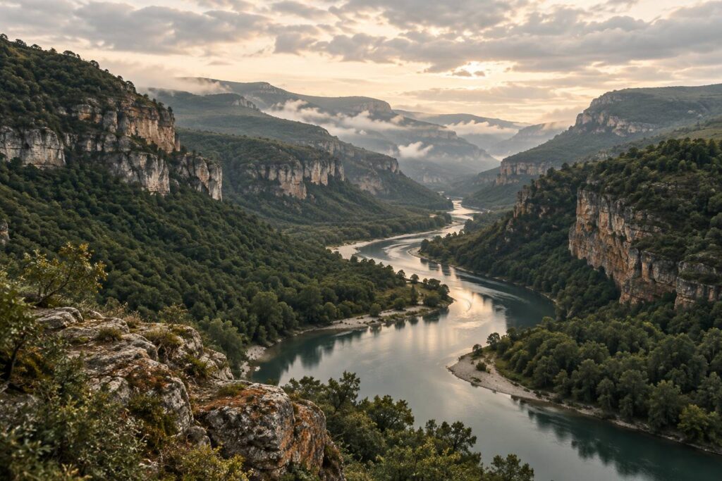 Vallee encaissee avec riviere serpentant entre versants boises et gorges