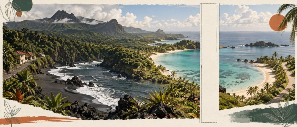Illustration éditoriale du sujet : Martinique (972) : ce qui sépare le nord volcanique du sud balnéaire